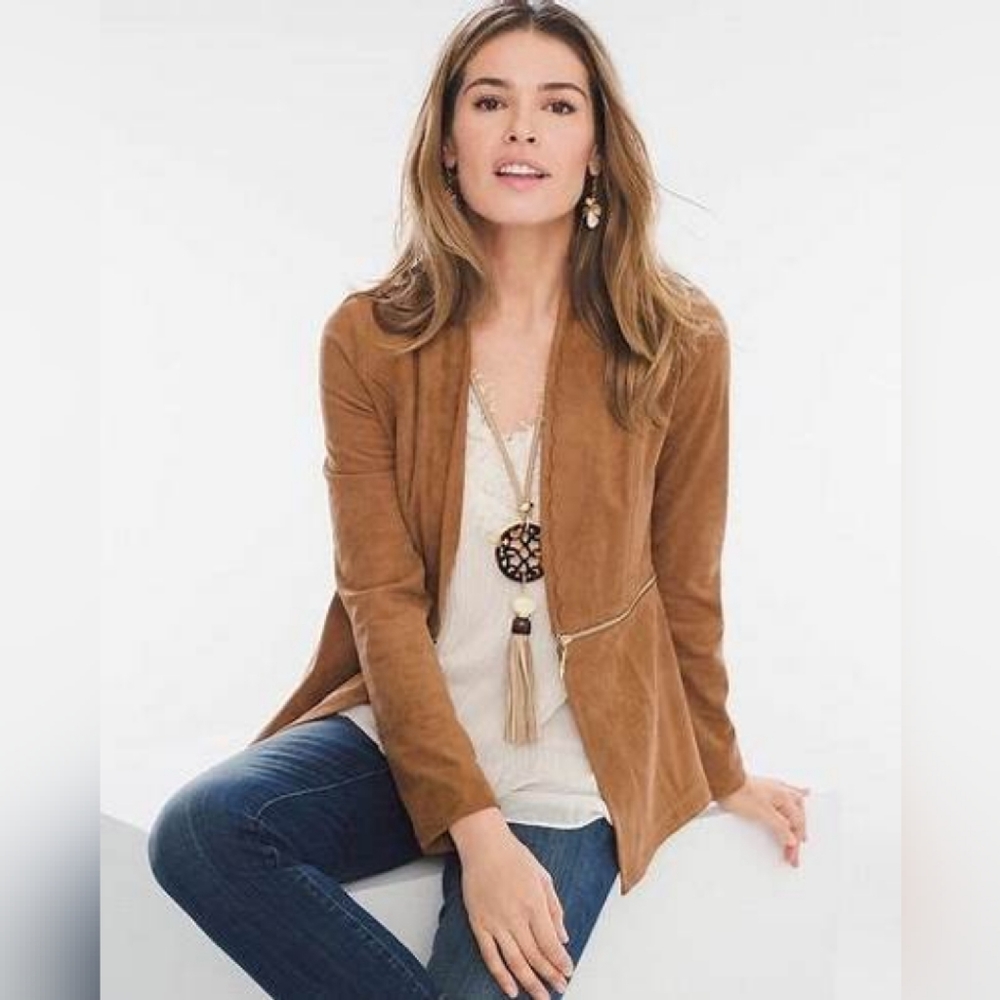 CHICOS Convertible Sueded Peplum Blazer Scalloped Cropped Open Front Faux Suede